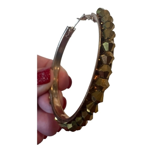 Boutique Bronze Gold 2” Large Rhinestone Hoops Earrings NEW - Picture 6 of 8